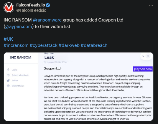 X showing the INC RANSOM attack on Graypen Ltd