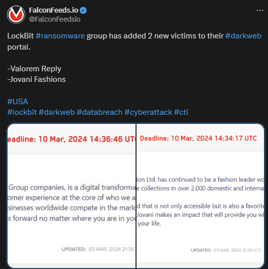 X showing the Lockbit attack on the 2 victims