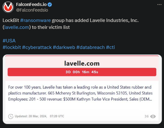 X showing the LockBit attack on Lavelle Industries, Inc