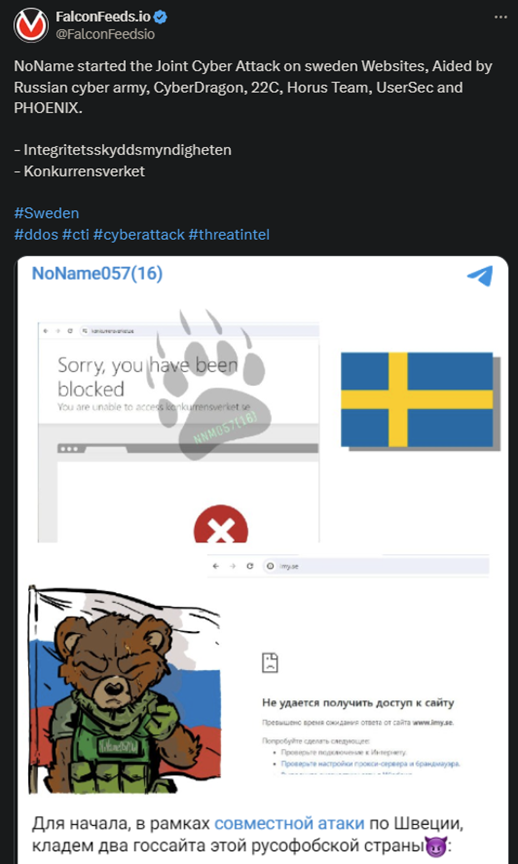 X showing the NoName joint attack on the Sweden websites