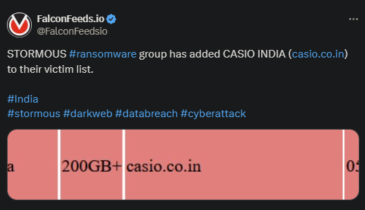X showing the STORMOUS attack on CASIO INDIA
