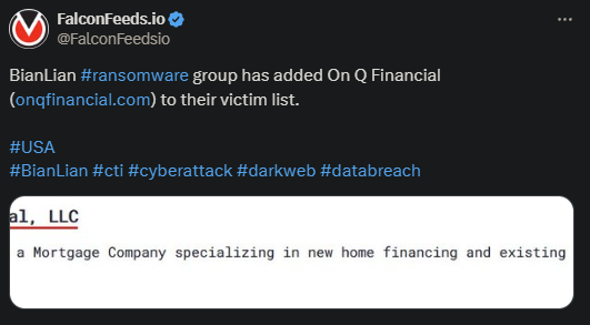 X showing the BianLian attack on On Q Financial