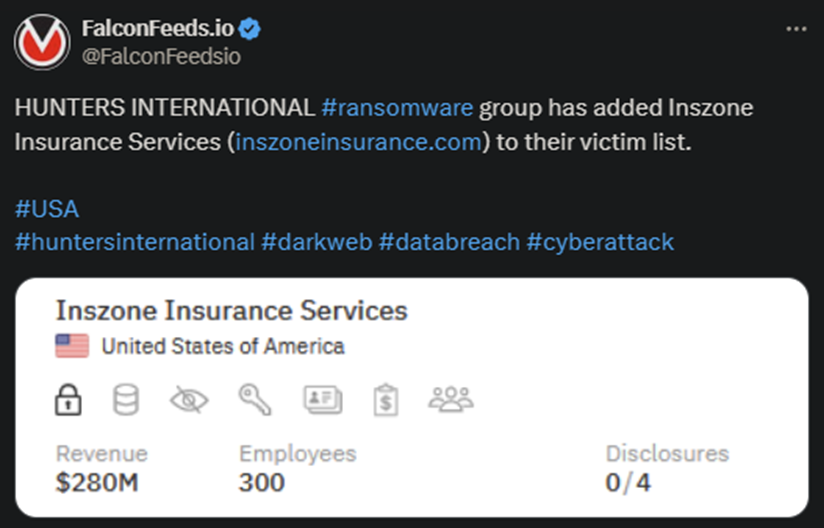 X showing the HUNTERS INTERNATIONAL attack on Inszone Insurance Services
