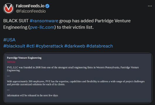 X showing the BLACK SUIT attack on Partridge Venture Engineering
