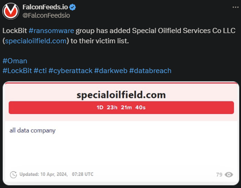 X showing the LockBit attack on Special Oilfield Services Co LLC