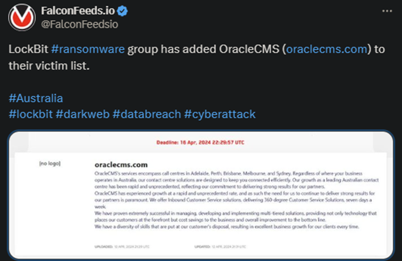 X showing the LockBit attack on OracleCMS