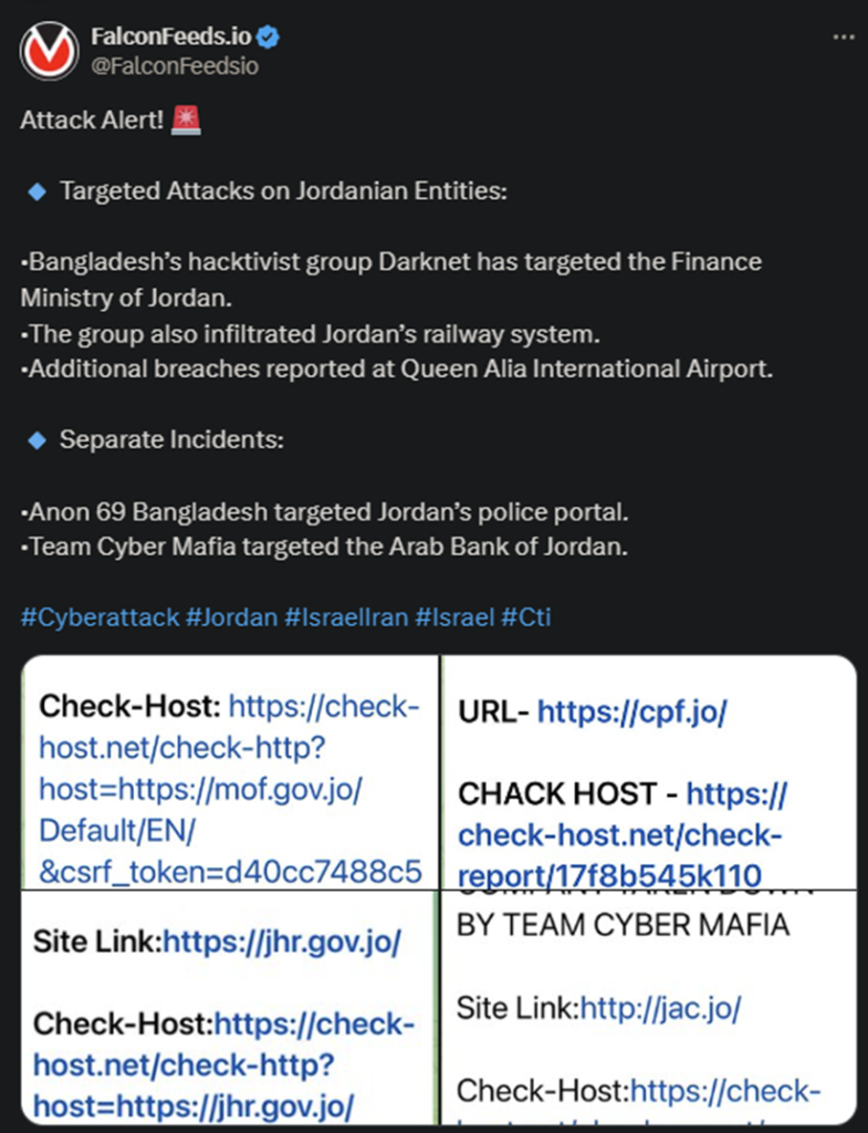 X showing the attacks on Jordanian entities
