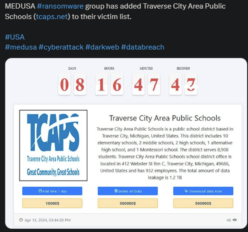 X showing the MEDUSA attack on the Traverse City Area Public Schools