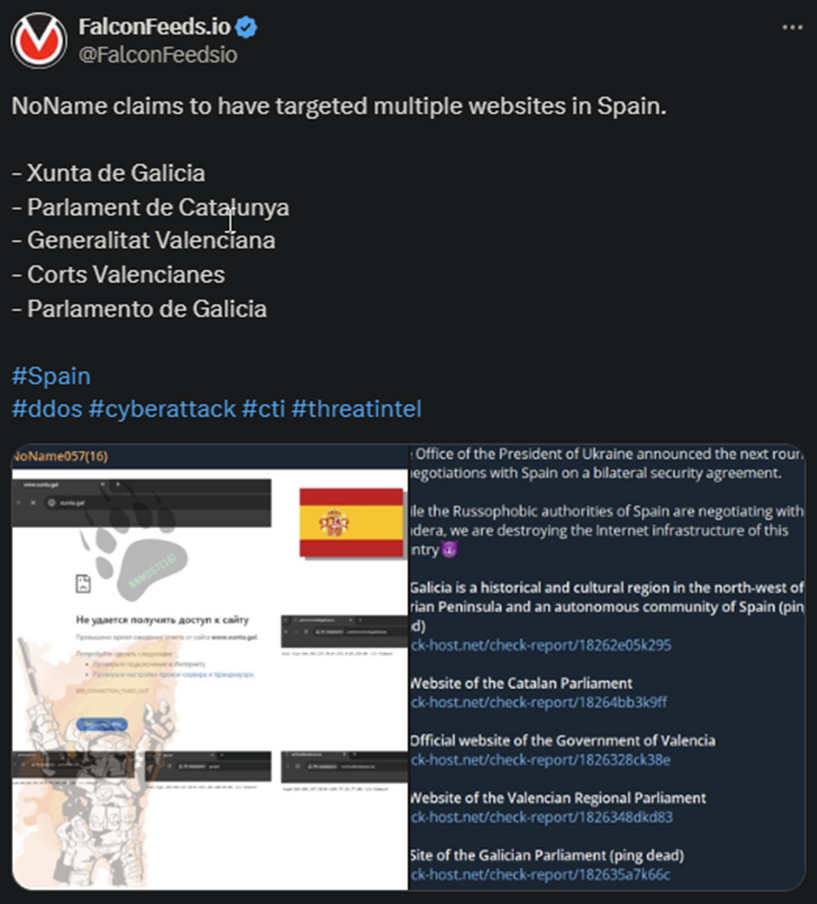 X showing the NoName attack on the Spanish websites