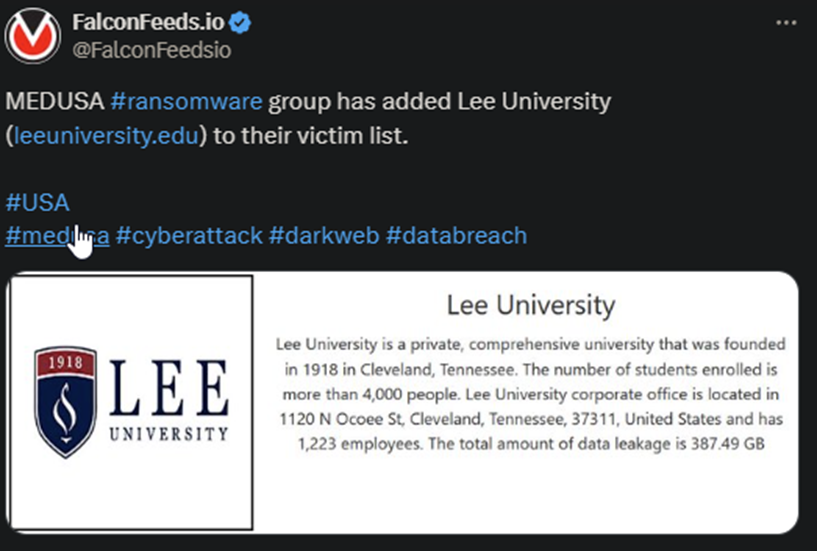 X showing the MEDUSA attack on Lee University