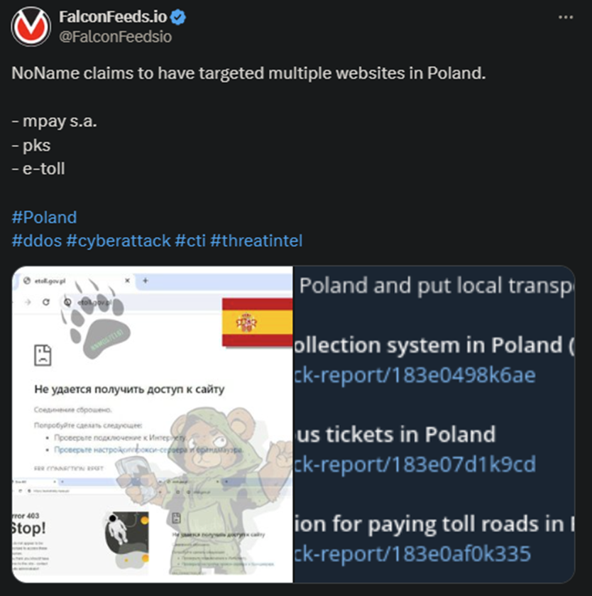 X showing the NoName attack on the Polish websites