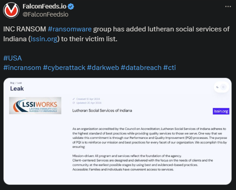 X showing the INC RANSOM attack on the Indian social services