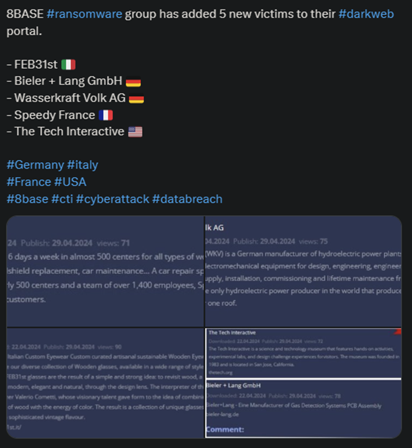 X showing the 8BASE attack on the 5 victims