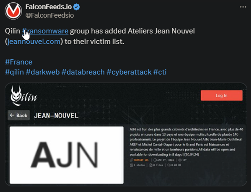 X showing the Qilin attack on Ateliers Jean Nouvel