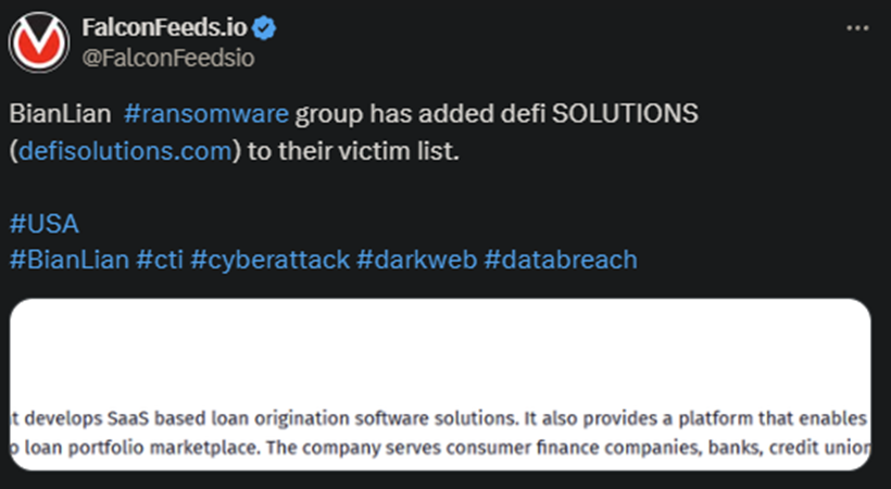 X showing the BianLian attack on DEFI SOLUTIONS