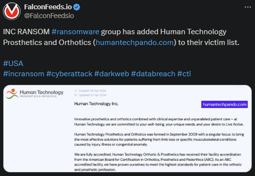 X showing the INC RANSOM attack on Human Technology Prosthetics and Orthotics