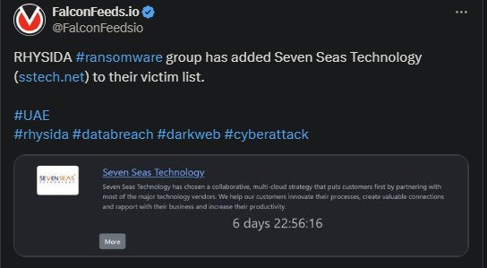 X showing the RHYSIDA attack on Seven Seas Technology
