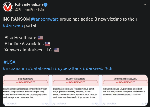 X showing the INC RANSOM attack on the three companies