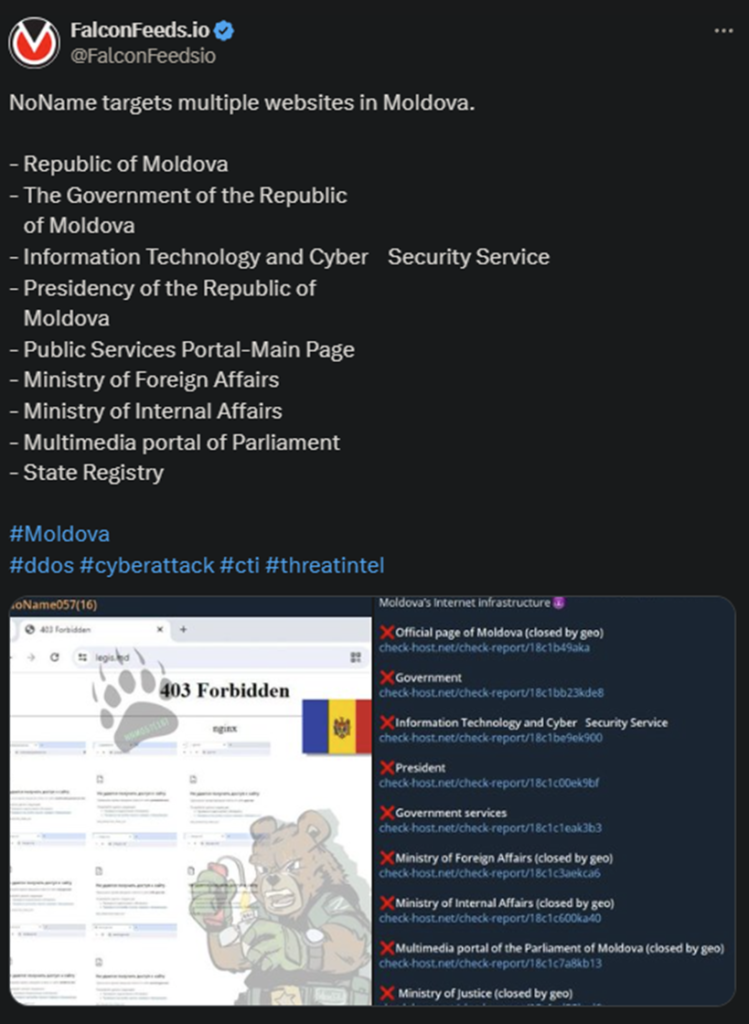 X showing the NoName attack on the Moldavian sites