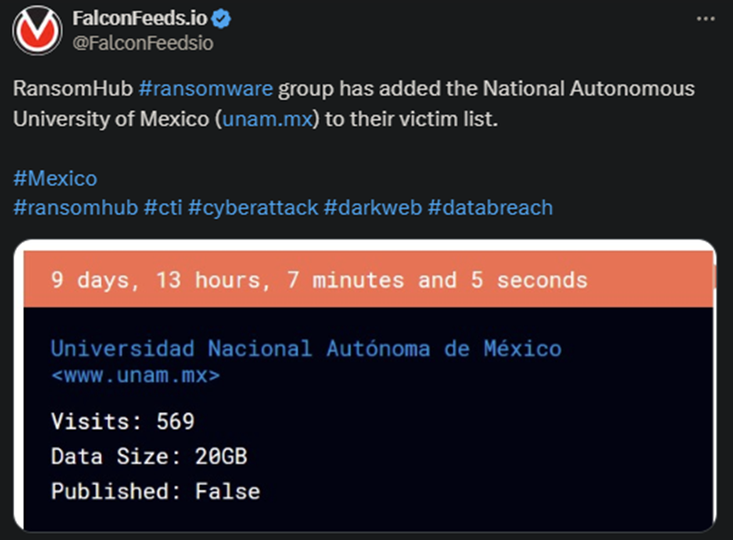 X showing the RansomHub attack on National Autonomous University of Mexico