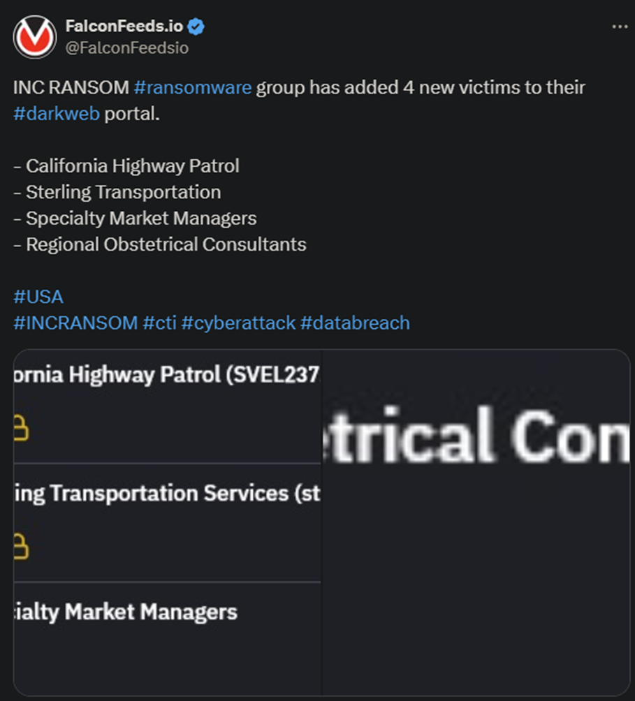 X showing the INC RANSOM attack on the 4 victims