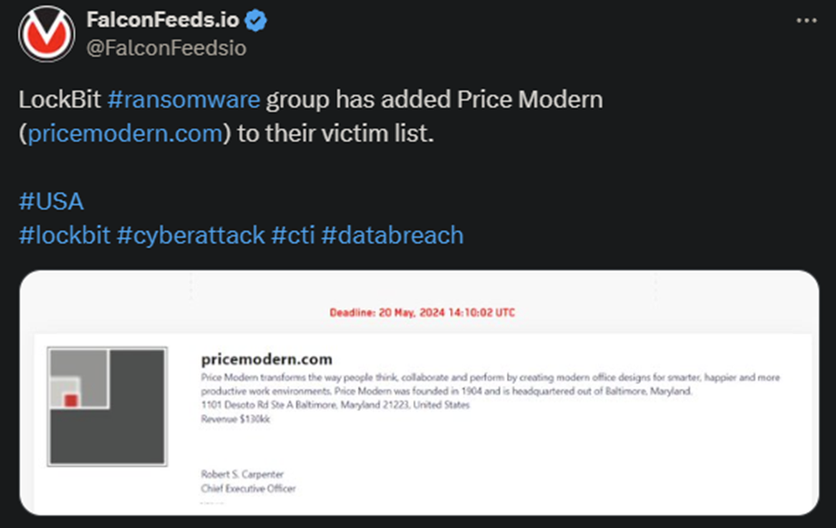 X showing the LockBit attack on Price Modern