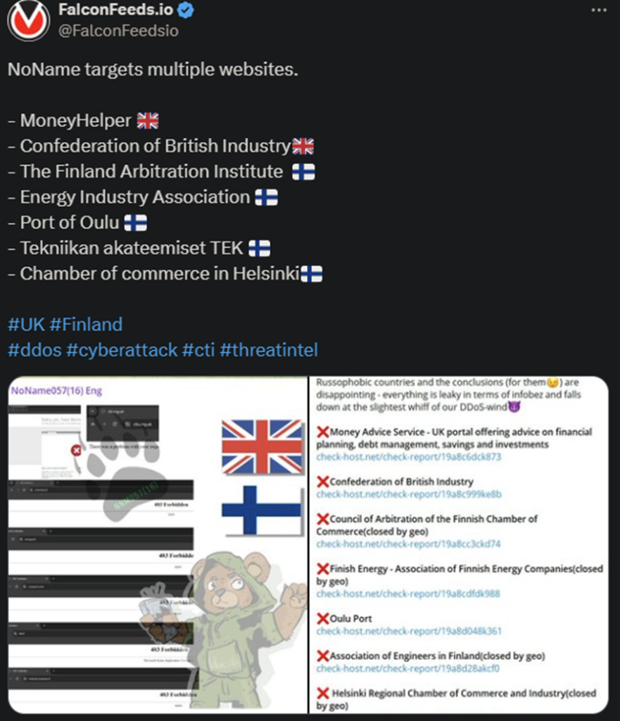 X showing the NoName attack on the multiple websites