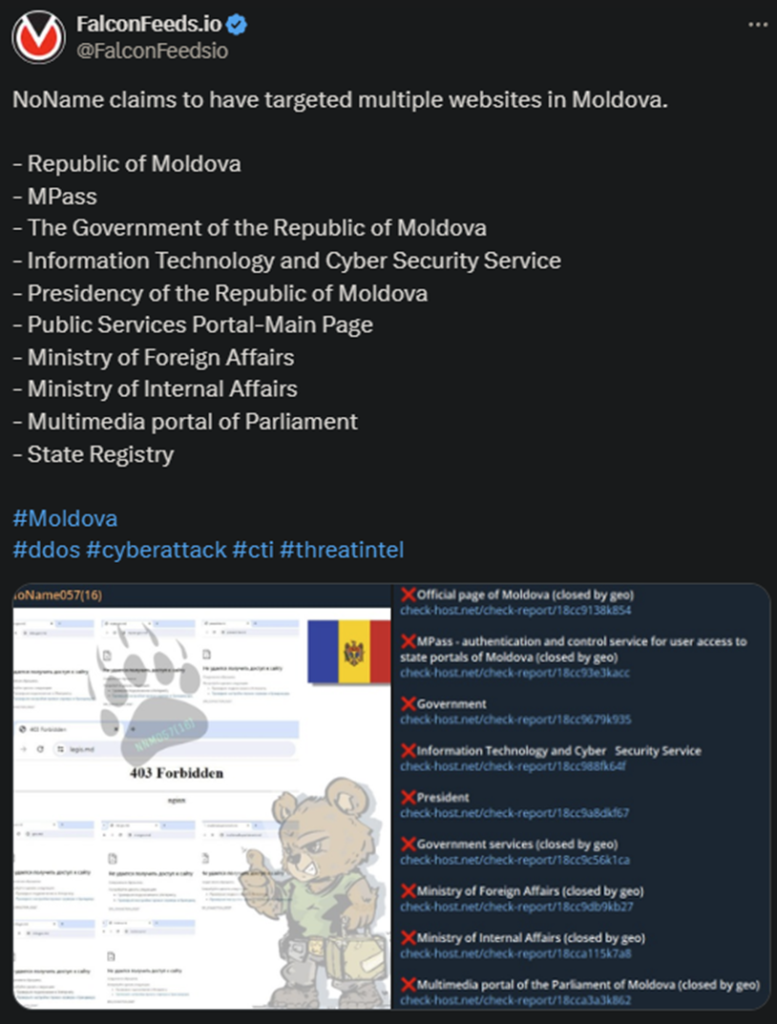 X showing the NoName attack on the Moldavian sites