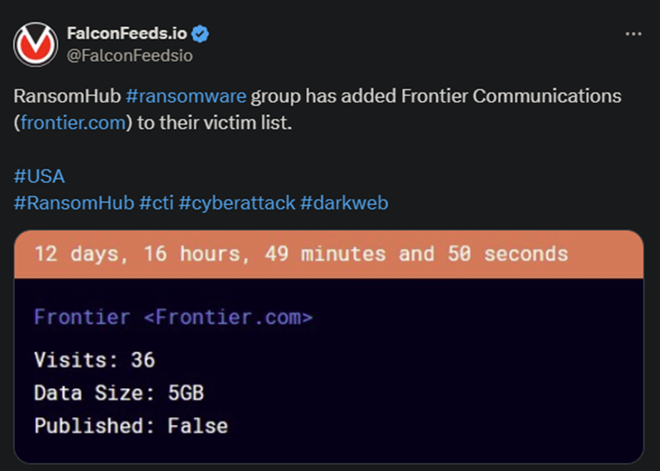 X showing the RansomHub attack on Frontier Communications