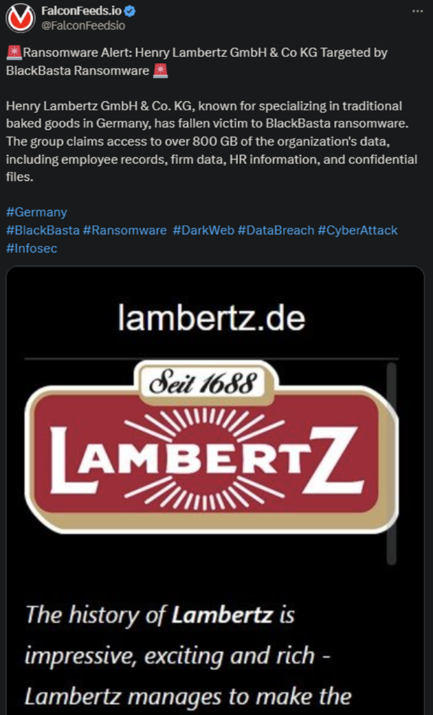 X showing the BlackBasta attack on Henry Lamberts Gmbh & Co KG