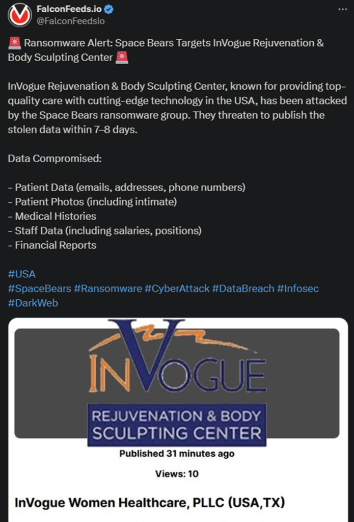 X showing the Space Bears attack on InVogue Rejuvenation & Body Sculpting Center
